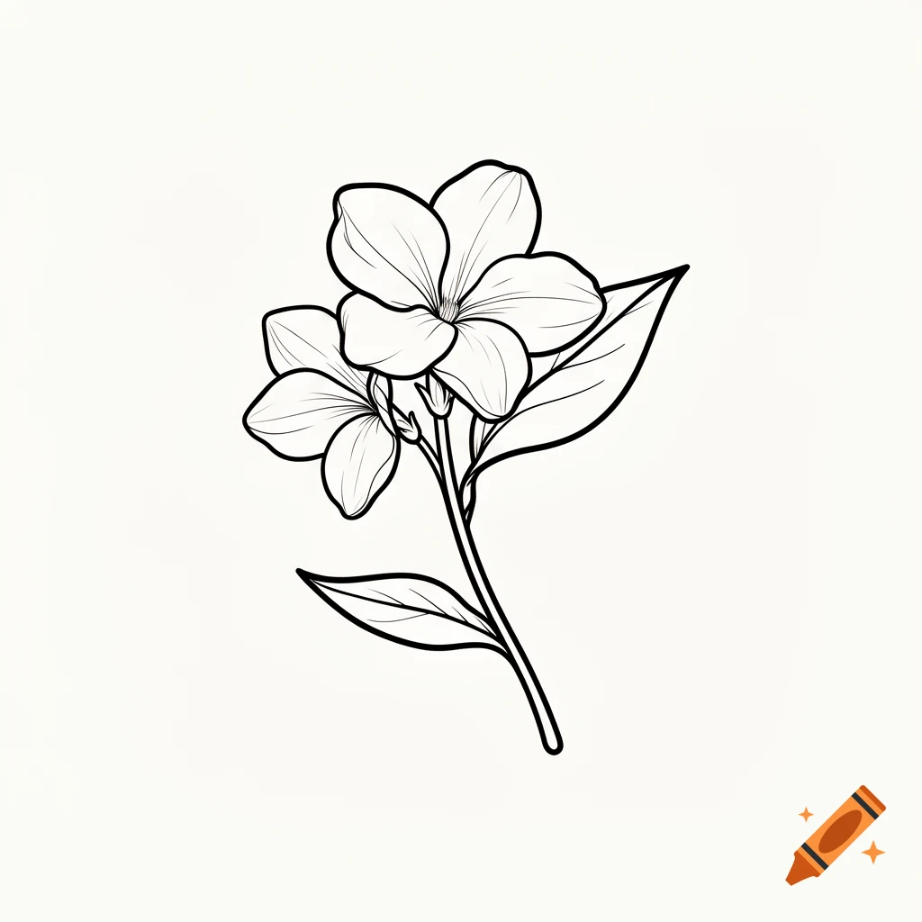 Black and white outline drawing of a stem with two blooming jasmine flowers and leaves.