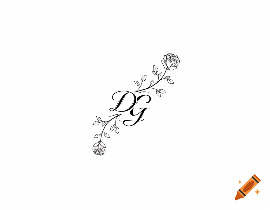 Minimalist black line art of script initials DG entwined with a delicate rose vine.
