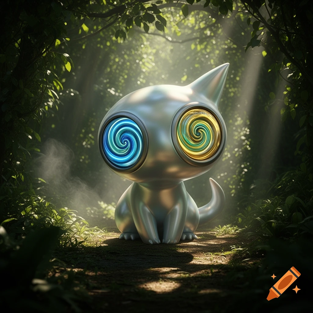 A stylized silver creature with large, swirling hypnotic eyes, one blue and one yellow, sits in a sun-dappled forest.