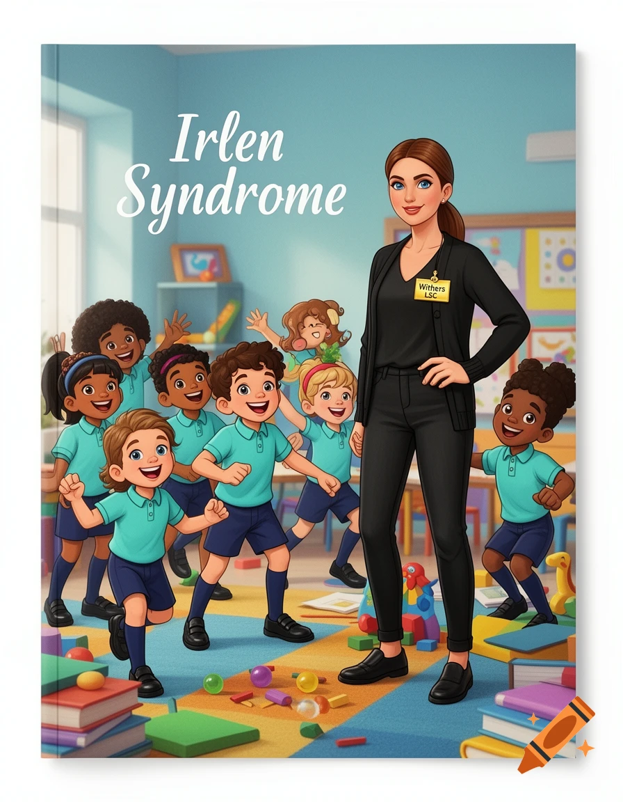 Cartoon illustration of a diverse group of children and a female teacher in a colorful classroom, with "Irlen Syndrome" on a book cover.
