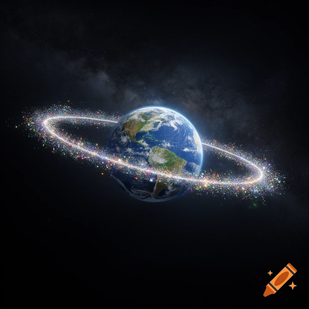 A detailed image of planet Earth from space, encircled by a brilliant, sparkling ring of colorful glitter.