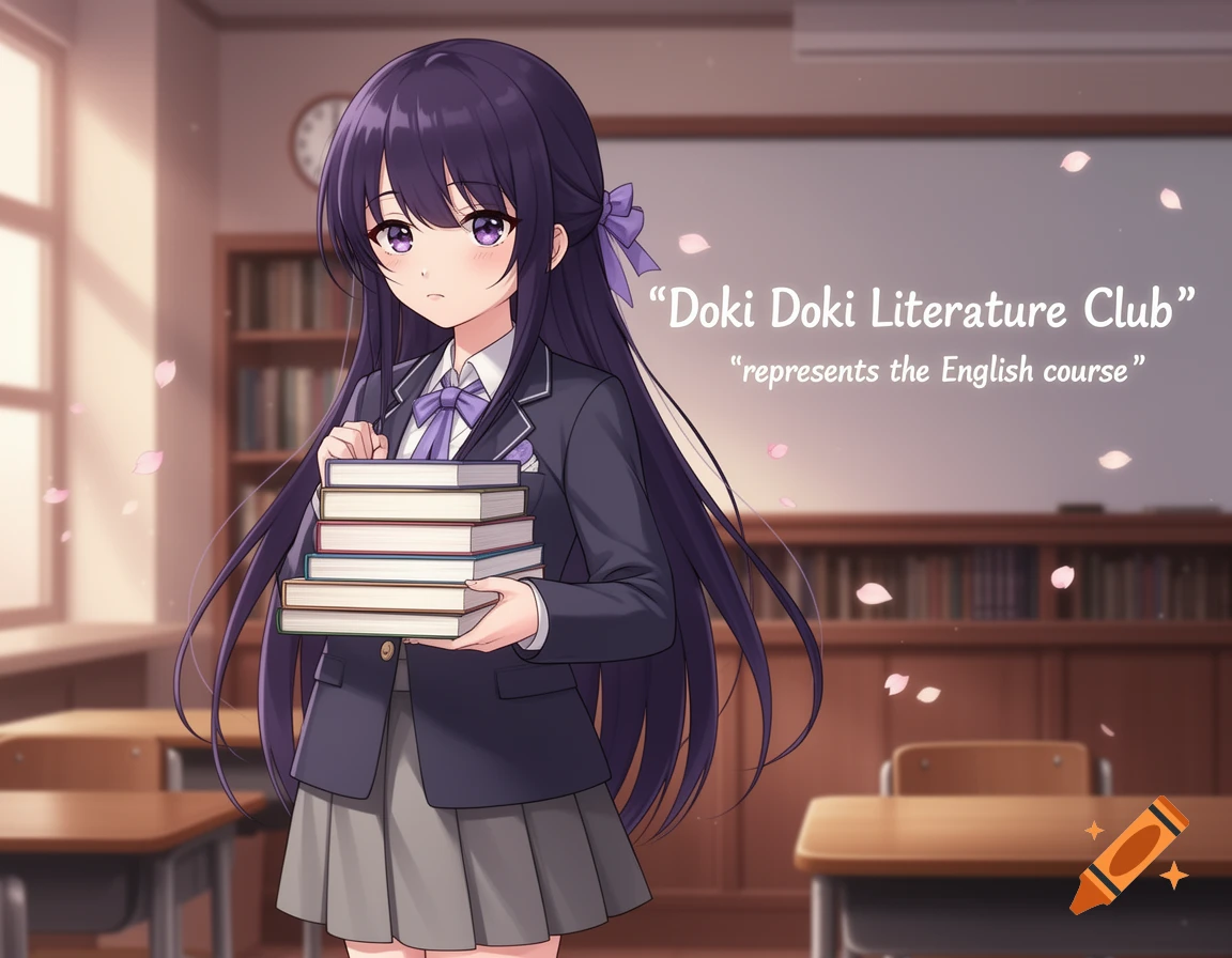 An anime girl with long purple hair and a school uniform holds a stack of books in a classroom. Text reads "Doki Doki Literature Club" and "represents the English course".