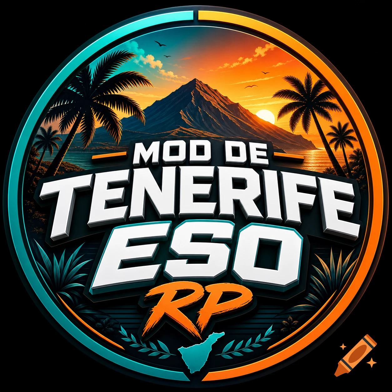 A circular logo featuring a sunset landscape with a mountain, ocean, and palm trees. Bold text reads "MOD DE TENERIFE ESO RP" with an outline of the island of Tenerife.