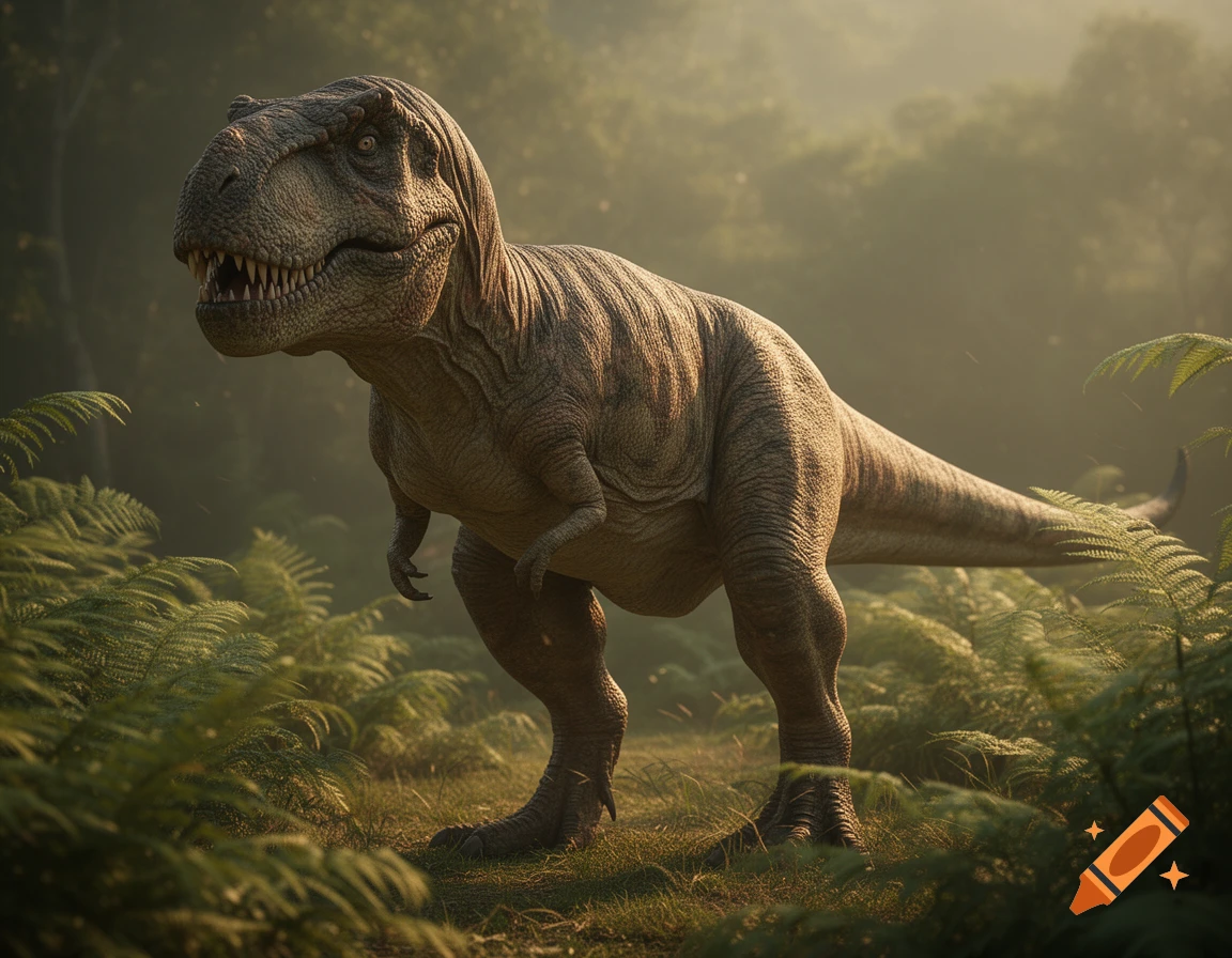 A photorealistic Tyrannosaurus Rex stands in a lush, misty prehistoric jungle, surrounded by ferns.