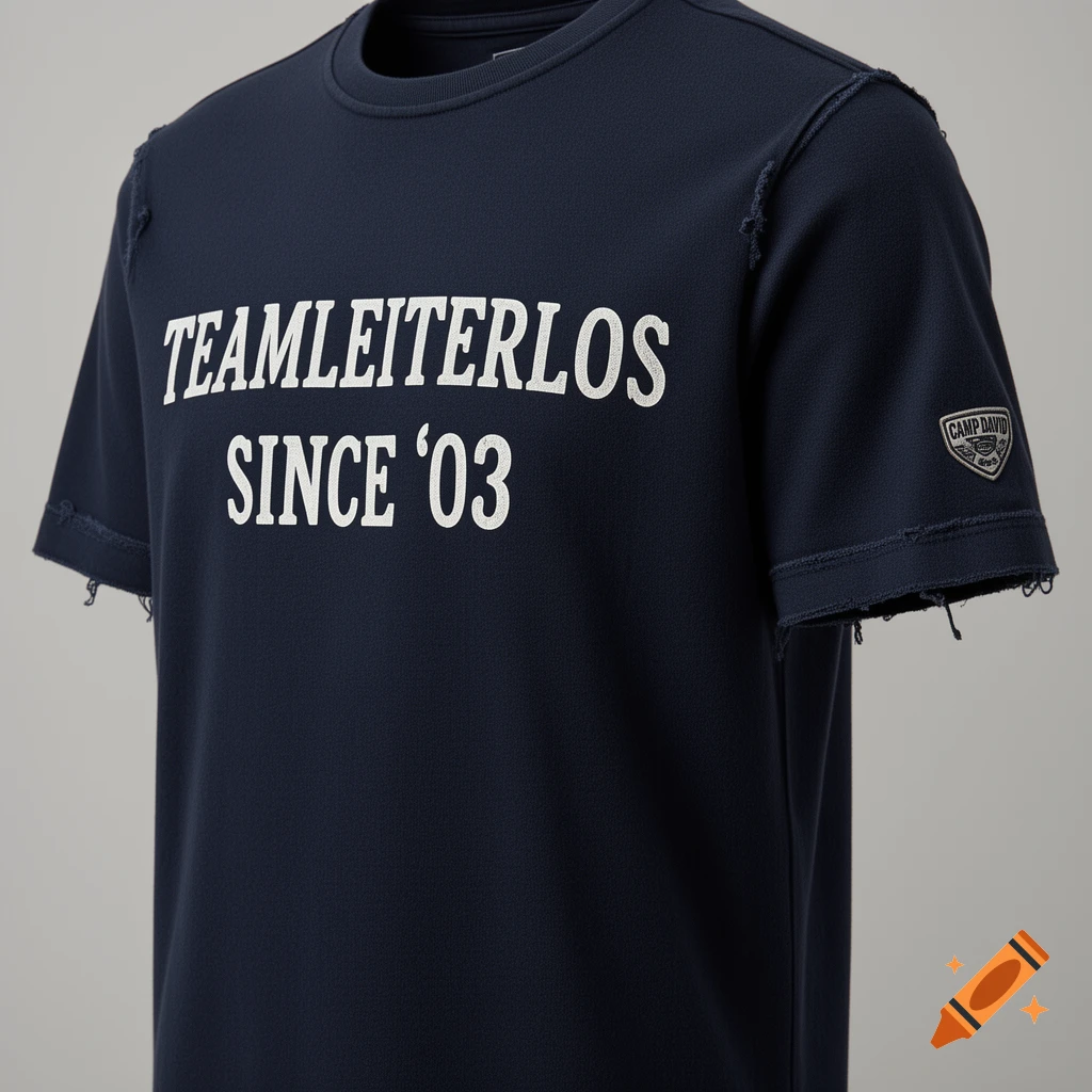 Dark blue t-shirt with "TEAMLEITERLOS SINCE '03" in white text and a "CAMP DAVID" logo on the right sleeve.