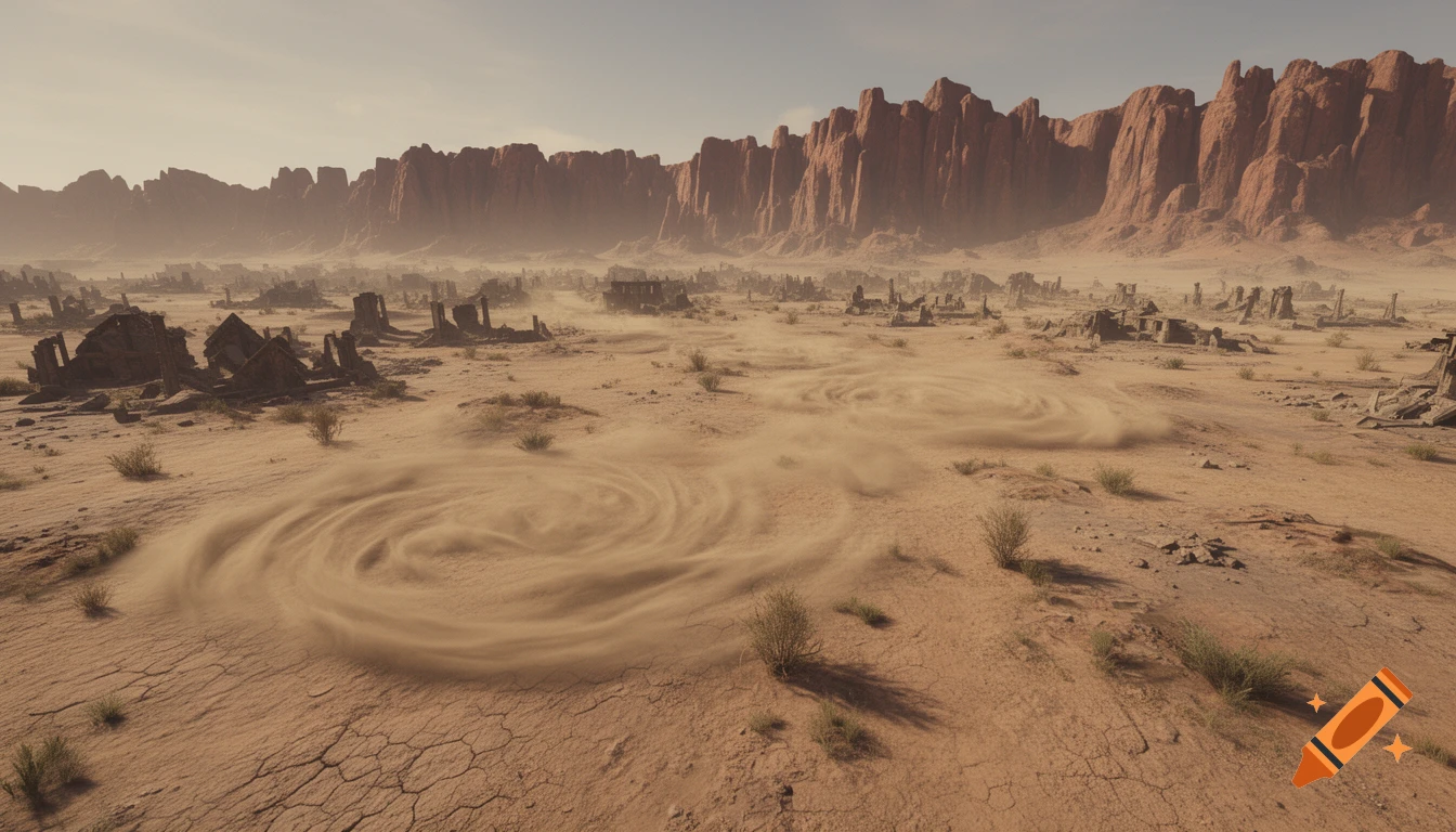 Photorealistic desert battlefield featuring crumbling ruins, swirling sand, and towering red rock formations in the background.
