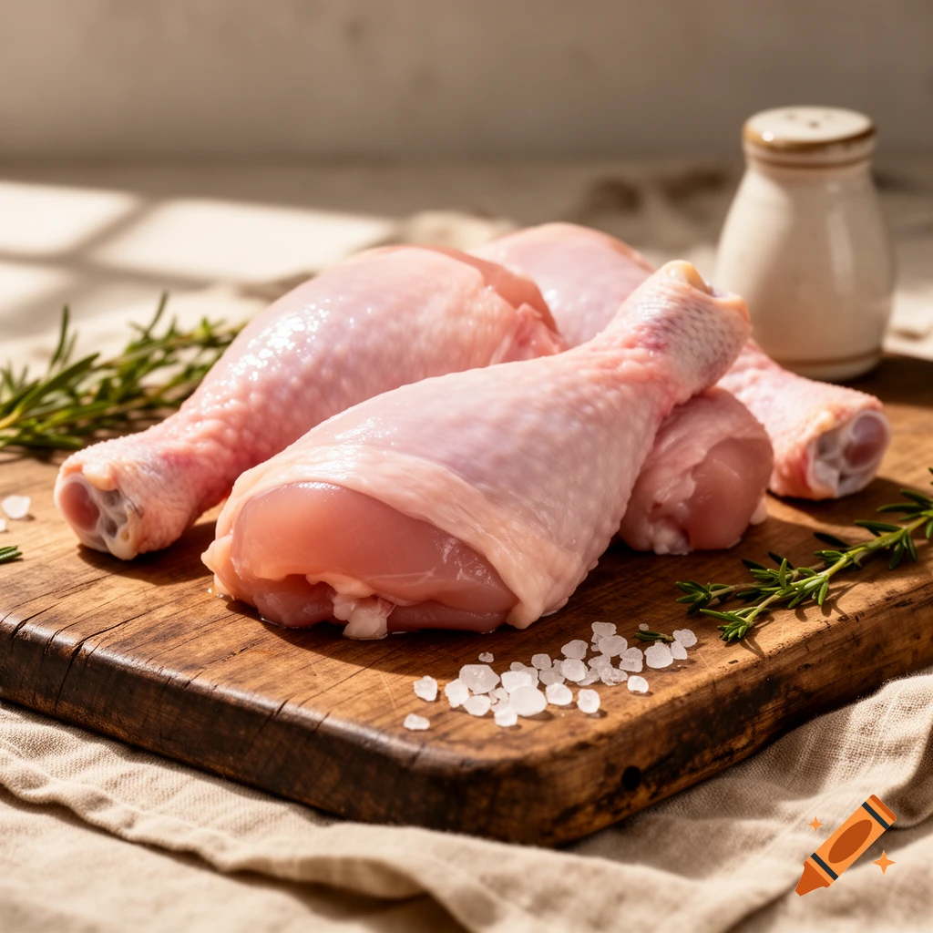 Raw chicken drumsticks on a wooden cutting board with rosemary, salt, and a salt shaker in the background.