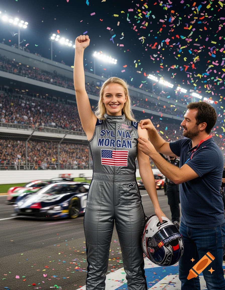 A smiling female race car driver in a shiny gray suit raises her arm in victory on a track with confetti, a man by her side.