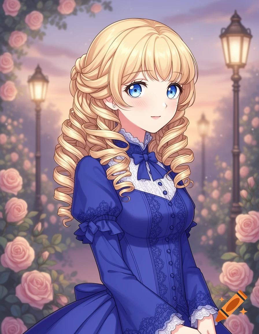 An anime girl with long blonde curly hair and blue eyes, wearing a blue dress, stands in a rose garden with lampposts at dusk.