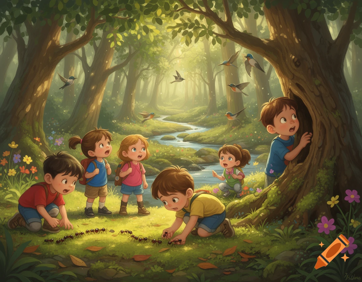Whimsical illustration of children exploring a sunlit forest, observing ants and birds by a winding stream.