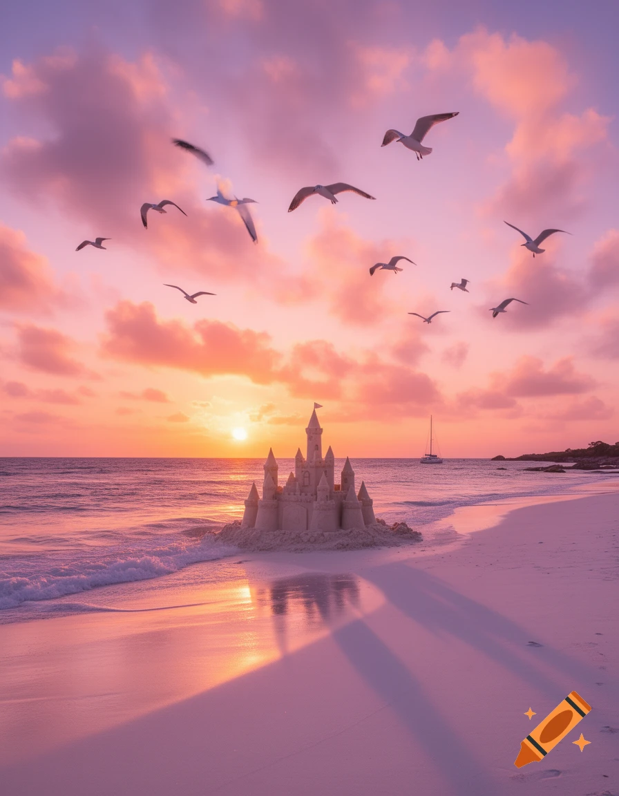 A detailed sandcastle stands on a pink-hued beach with waves at sunset, as seagulls fly across the warm sky.