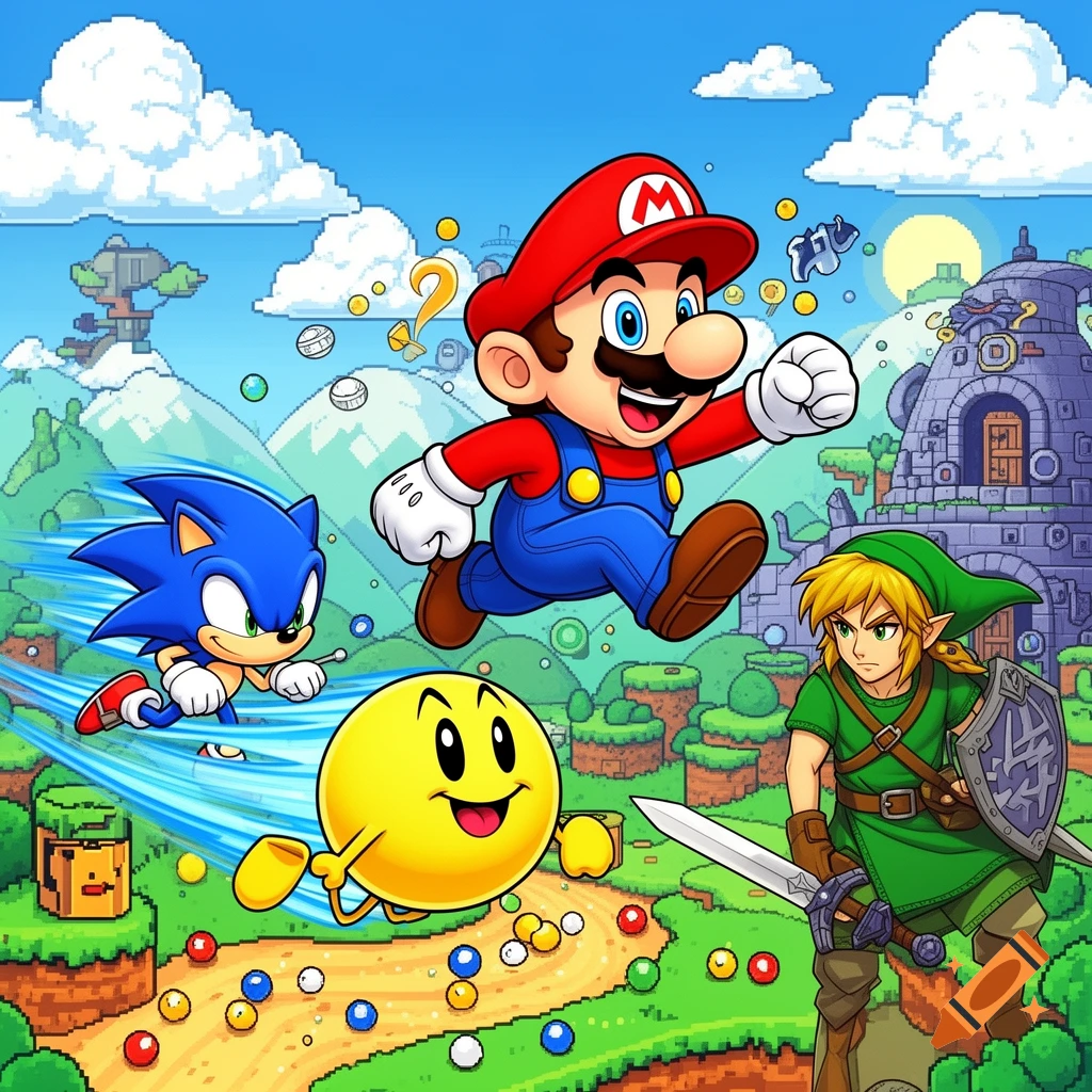 Mario, Sonic, and Pac-Man run through a vibrant pixel art video game landscape, with Link standing nearby.