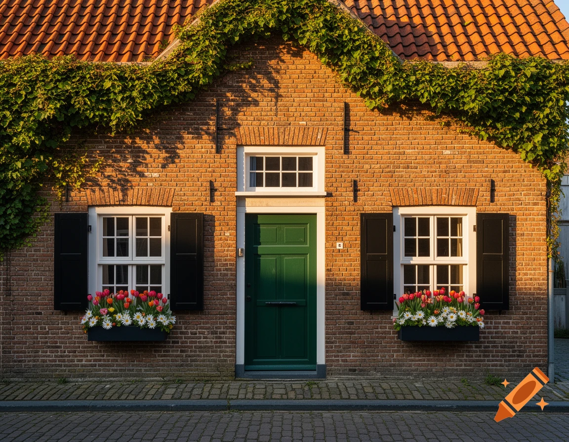 Front facade of an old brick Dutch house with a red tiled roof, green ivy, a green door, and flower boxes under white windows.