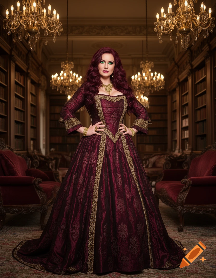 A woman with long burgundy hair and green eyes, wearing a burgundy and gold medieval gown with gold jewelry, stands in a grand library with chandeliers.