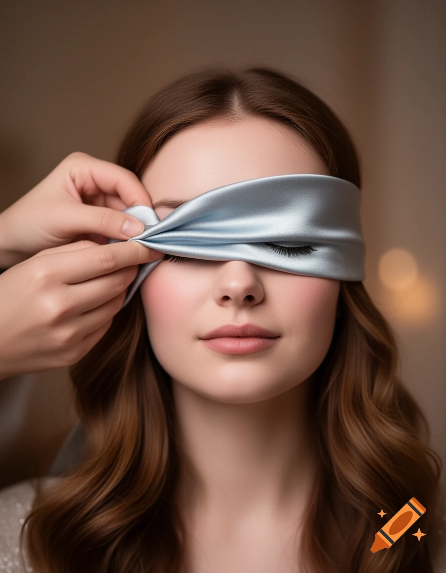 Close-up of a woman with long brown hair as hands tie a light blue satin blindfold over her eyes.