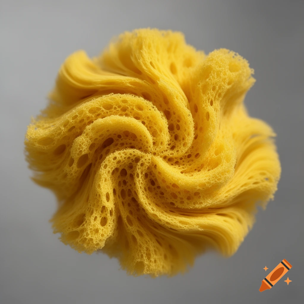 A vibrant yellow, porous, sponge-like object twisted into a spiral shape, resembling a flower, against a grey background.