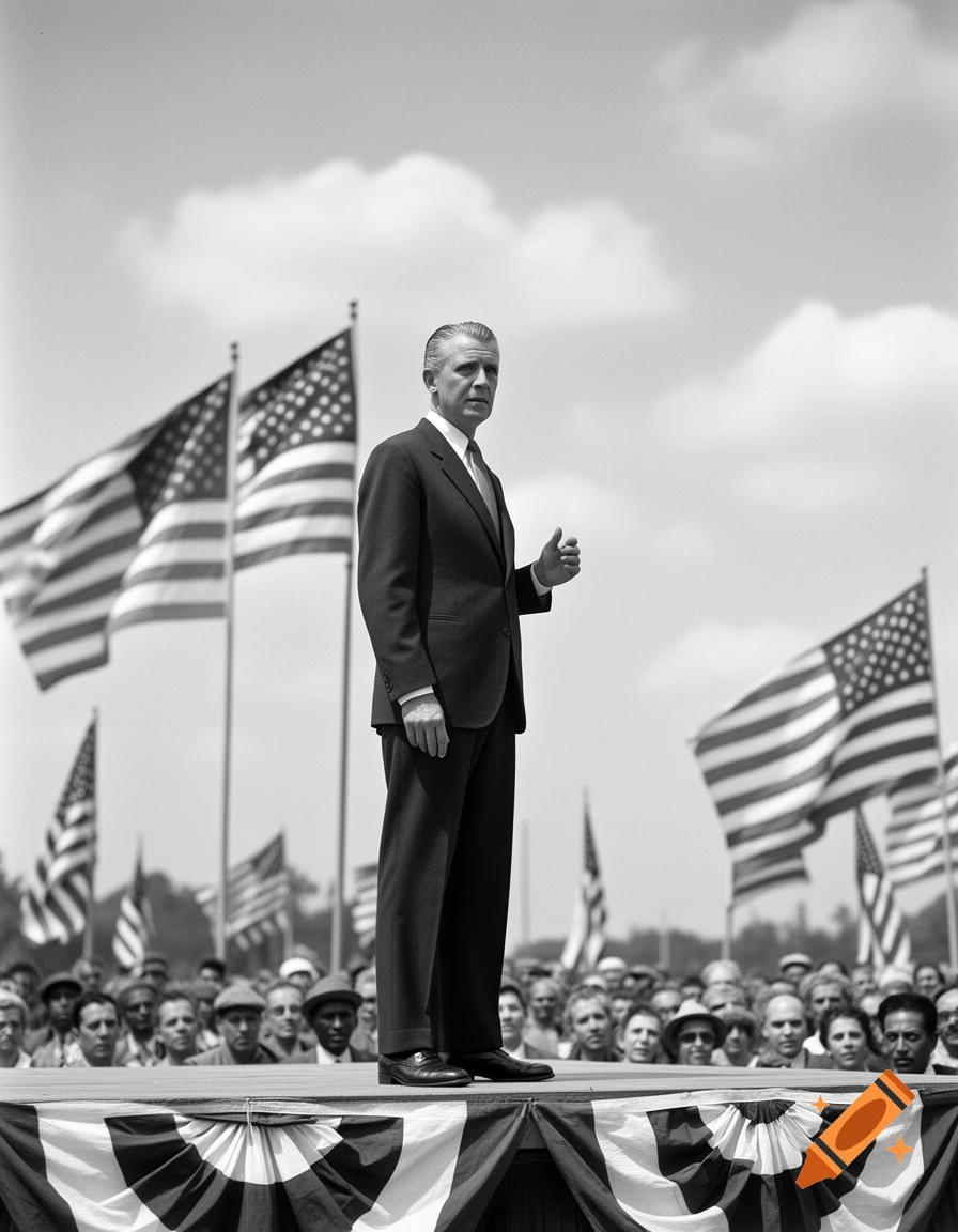 A black and white photograph of Wendell Willkie speaking on a stage outdoors, surrounded by American flags and a crowd.