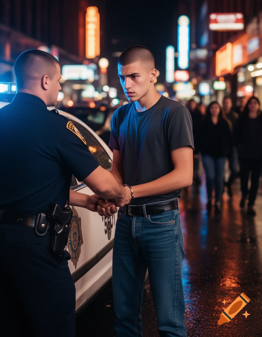 A police officer handcuffs a young man in jeans on a wet city street at night, with neon lights blurring in the background.
