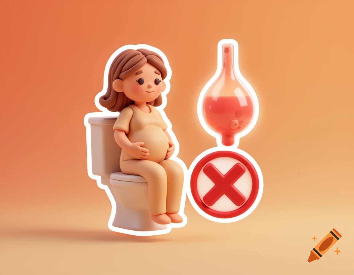 3D cartoon of a smiling pregnant woman sitting on a toilet, next to a red icon of a bladder with an 'X' mark, on an orange background.