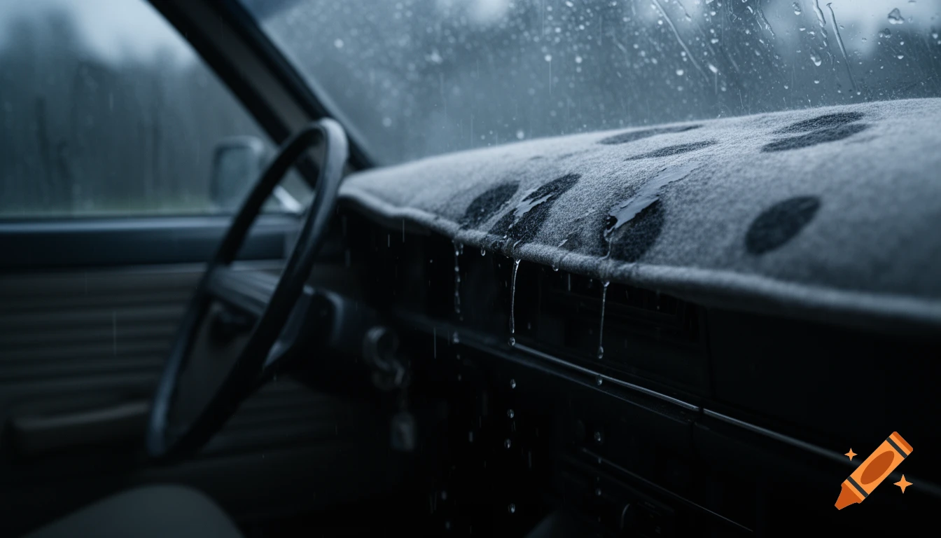 Photorealistic view inside a car, raindrops on the windshield, water dripping onto a wet fabric dashboard cover.