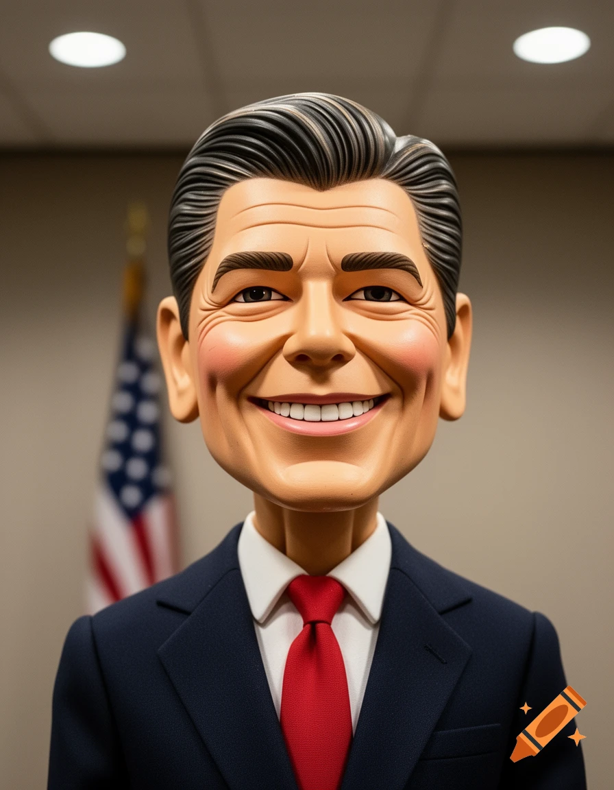 A smiling ventriloquist dummy caricature of Ronald Reagan in a suit and red tie, with an American flag in the background.