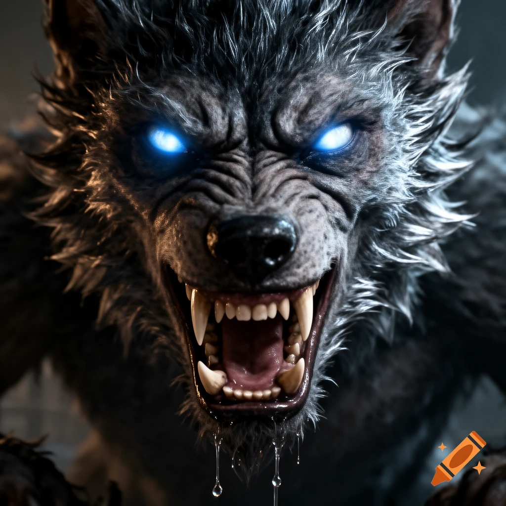 Close-up of a snarling, grey werewolf head with glowing blue eyes, baring sharp teeth and drooling.