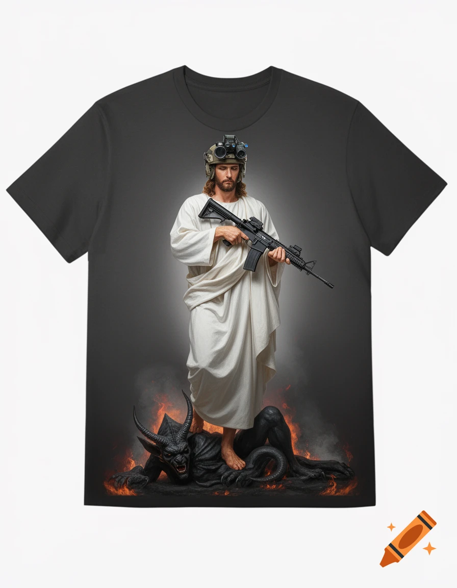 Jesus in a white robe, combat helmet, and night vision goggles holds a rifle, standing on a defeated devil amidst flames, on a dark t-shirt.