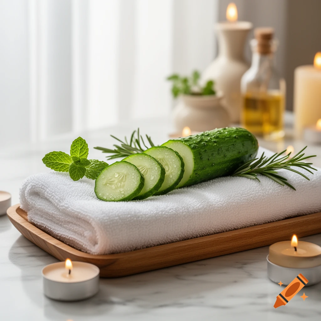 A whole cucumber and several slices rest on a white towel, accompanied by mint, rosemary, and lit candles in a spa setting. Photorealistic.