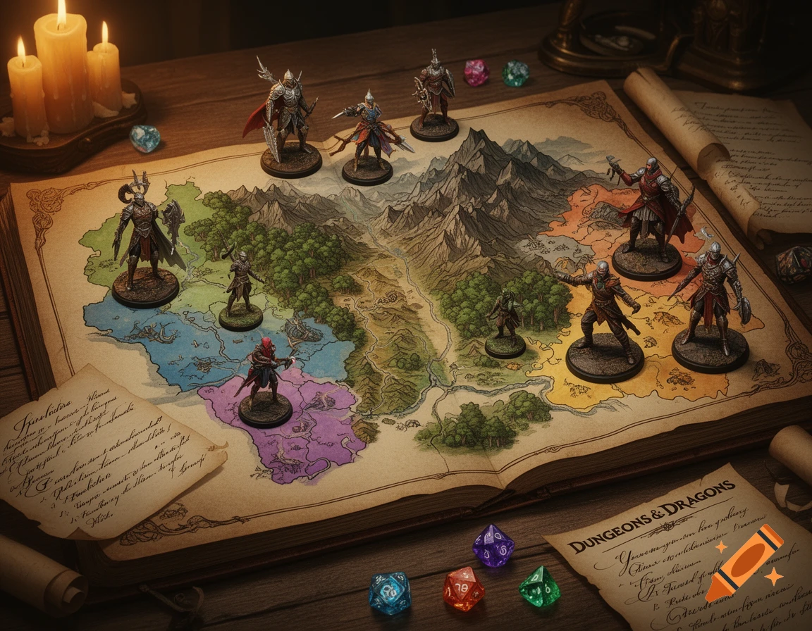 Overhead view of a Dungeons & Dragons tabletop setup featuring miniatures on a detailed fantasy map, surrounded by dice, burning candles, and scrolls with text.