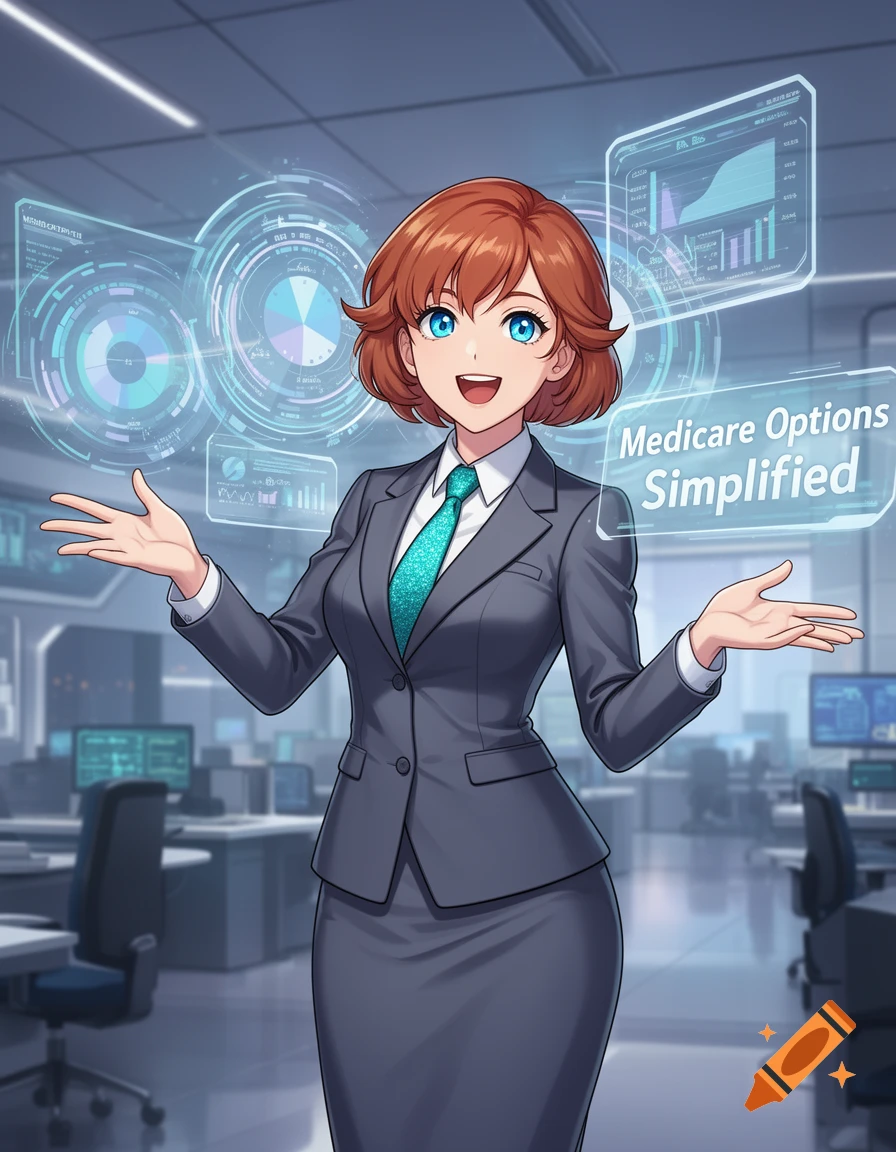 An anime businesswoman in a suit gestures in a high-tech office with holographic data and text "Medicare Options Simplified".