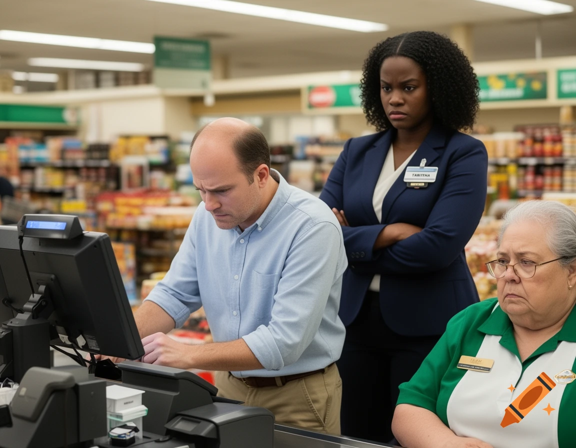 A balding white man uses a self-checkout in a grocery store, while a stern Black female supervisor named Tabitha and an older white female cashier observe him.