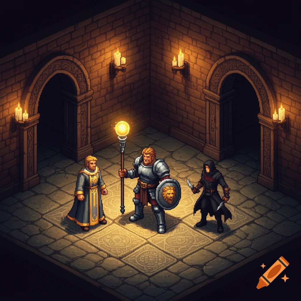 Isometric pixel art scene of three fantasy RPG characters, a cleric, warrior, and rogue, in a brick dungeon room with arched doorways.