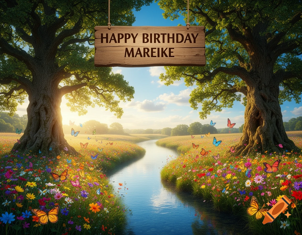 A fantasy landscape with a river between two large trees, vibrant flowers, butterflies, and a 'Happy Birthday Mareike' sign.