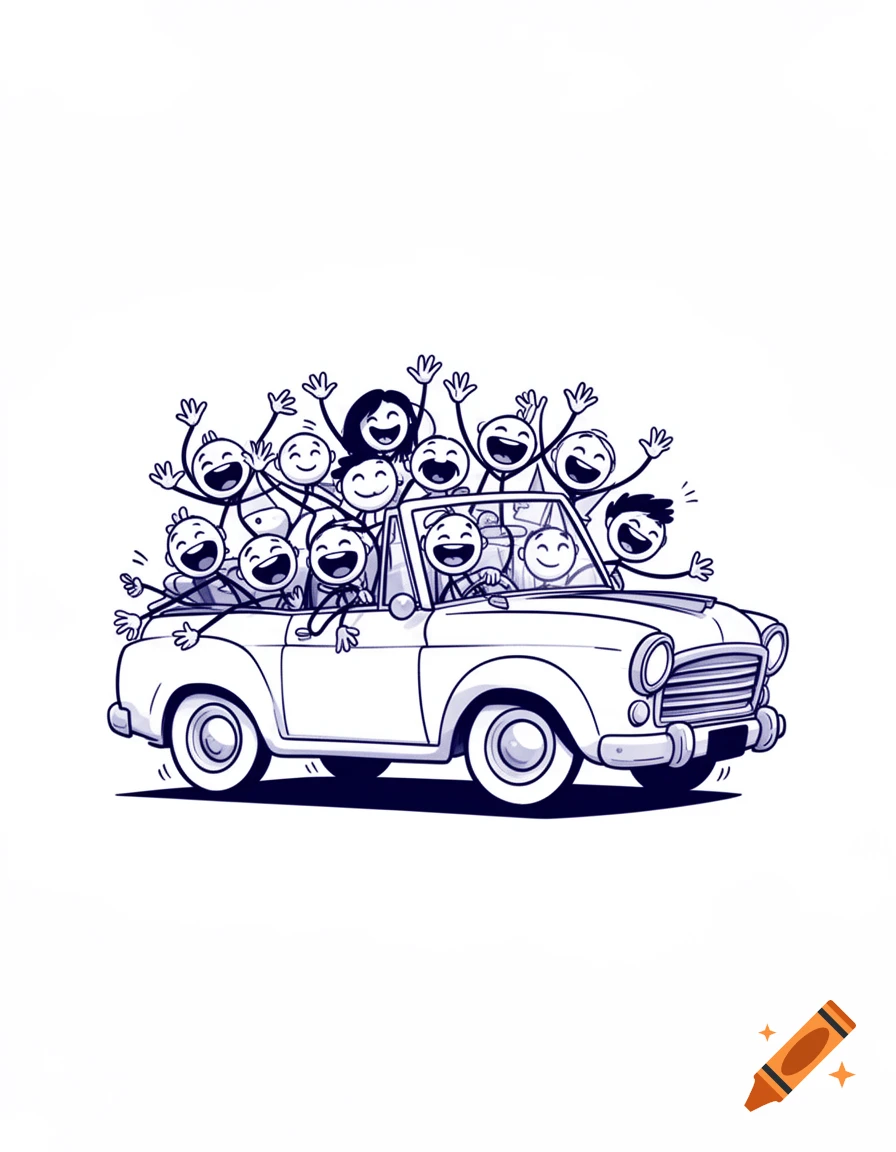 A monochrome cartoon illustration of many happy stick figures riding in an open-top convertible car, waving excitedly.