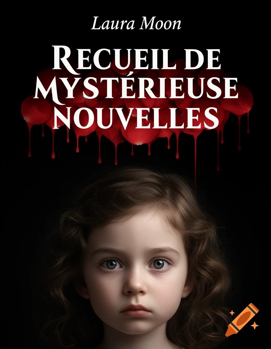 Photorealistic book cover featuring a solemn child's face, with a white title 'RECUEIL DE MYSTÉRIEUSE NOUVELLES' above red dripping shapes, and 'Laura Moon' in italics.