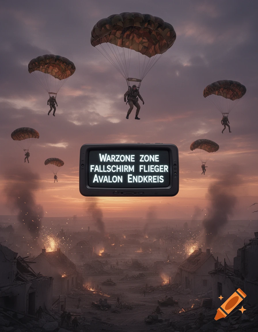 Photorealistic scene of paratroopers over a destroyed city at sunset, with a digital display showing 'WARZONE ZONE FALLSCHIRM FLIEGER AVALON ENDKREIS'.