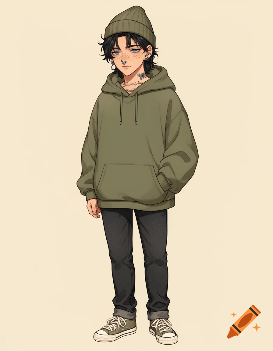 Anime illustration of a young person with black hair and blue eyes, wearing a green beanie, oversized green hoodie, and dark jeans.