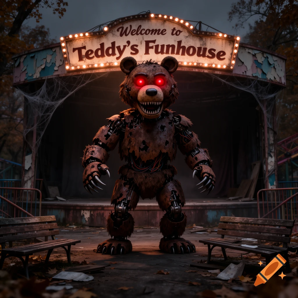 A scary, broken animatronic bear with glowing red eyes and sharp teeth stands on an abandoned funhouse stage under a sign reading "Welcome to Teddy's Funhouse".