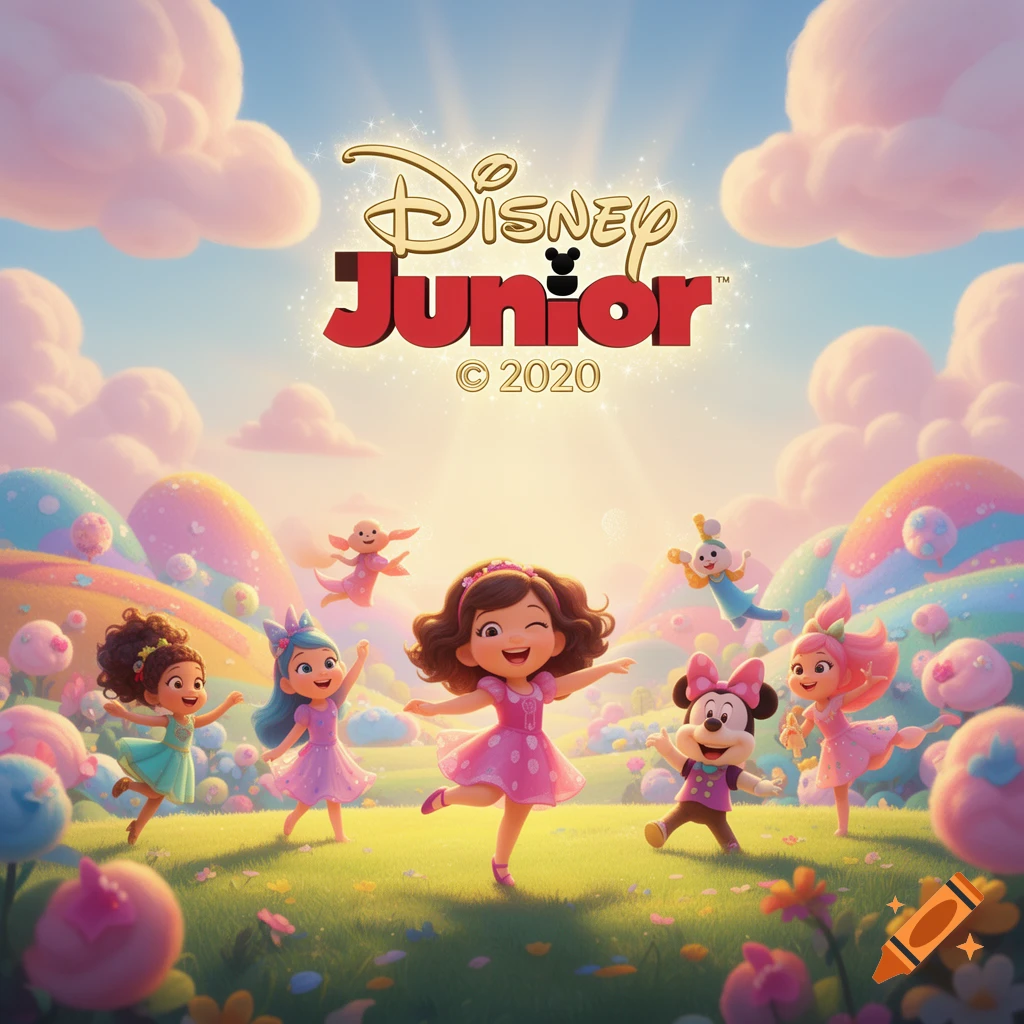 Cartoon Disney Junior characters, including Minnie Mouse, and young girls running and playing in a vibrant, whimsical candy land landscape.