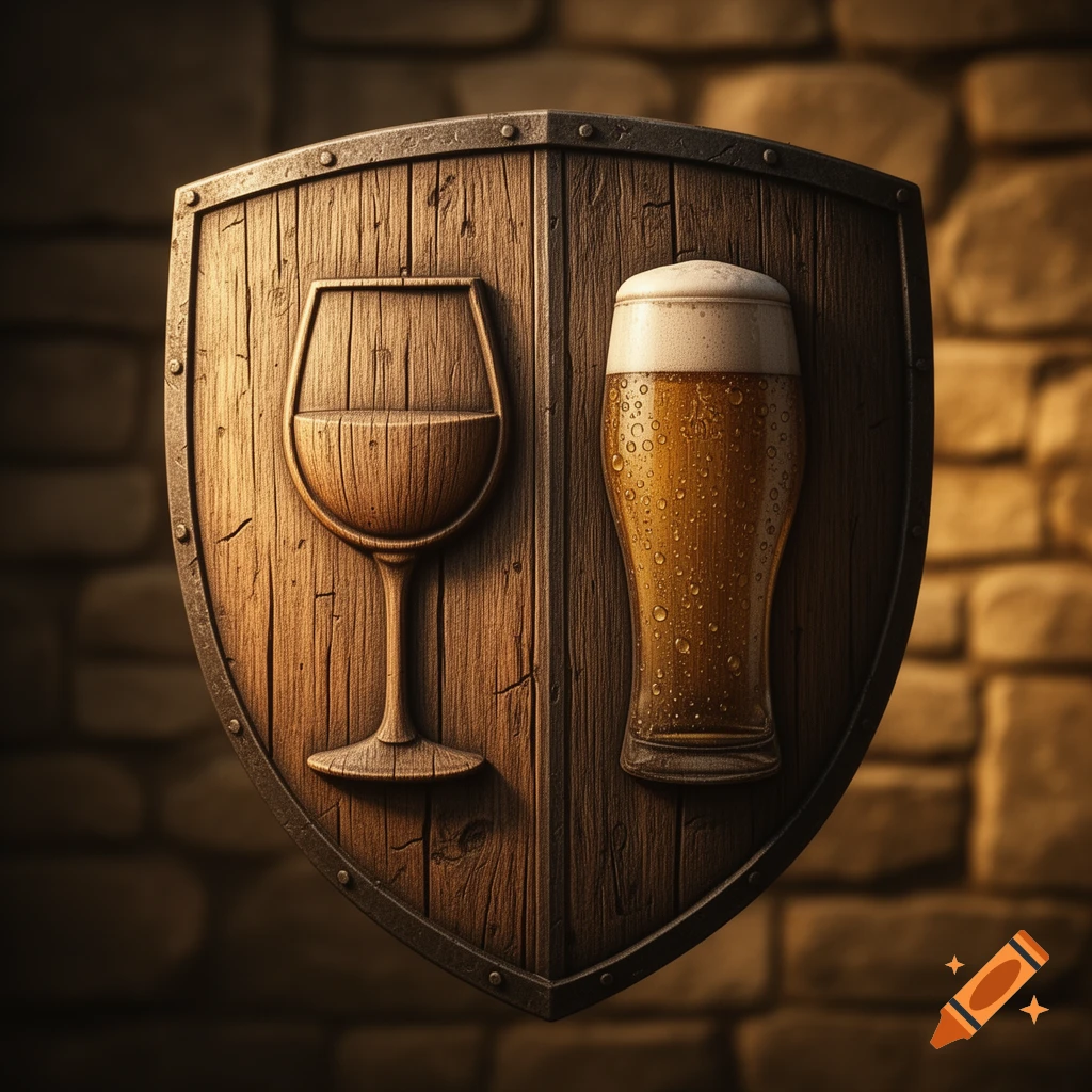 A detailed wooden medieval shield with a carved wine glass on one side and a full beer glass on the other, against a stone wall.