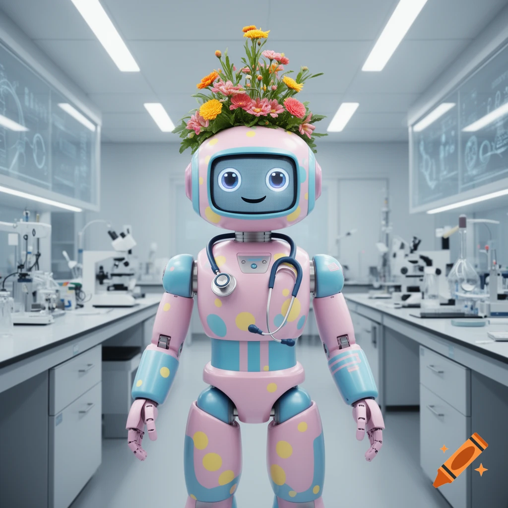 A cute, colorful pink and blue robot with a flower crown and stethoscope stands in a modern laboratory.