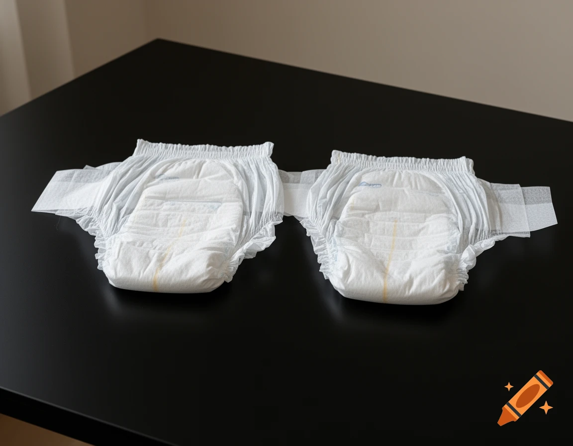 Two white disposable diapers resting on a black tabletop in a bright room.