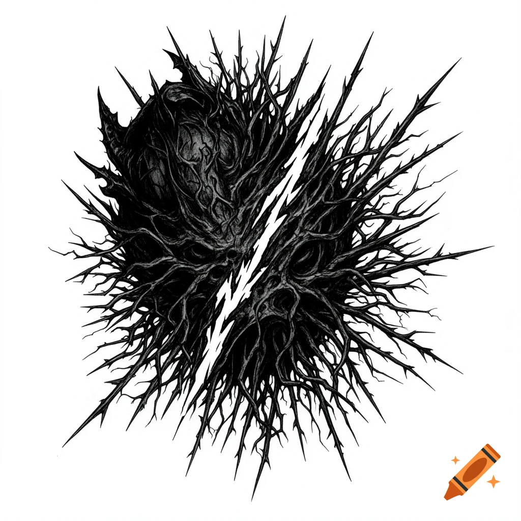 A black and white abstract illustration of a thorny, organic mass splitting open with a lightning bolt fracture, surrounded by sharp splinters.