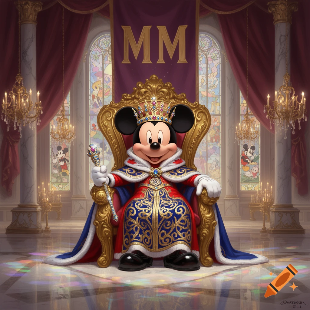 Mickey Mouse as a king, wearing a crown and elaborate royal robes, seated on a golden throne in a grand hall.