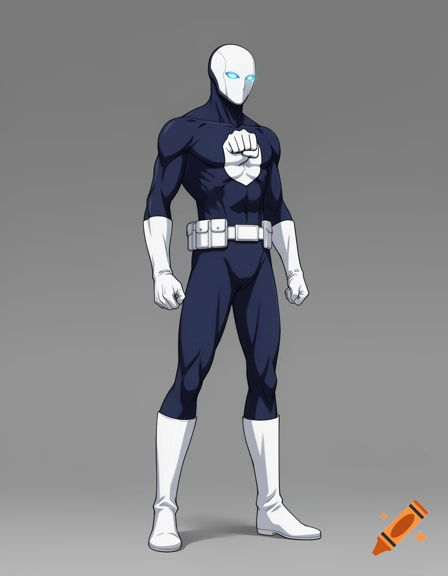 A full body illustration of a male superhero in a dark blue spandex suit with a white fist chest symbol, white gloves, boots, and a faceless white mask with light blue eyes, against a gray background.