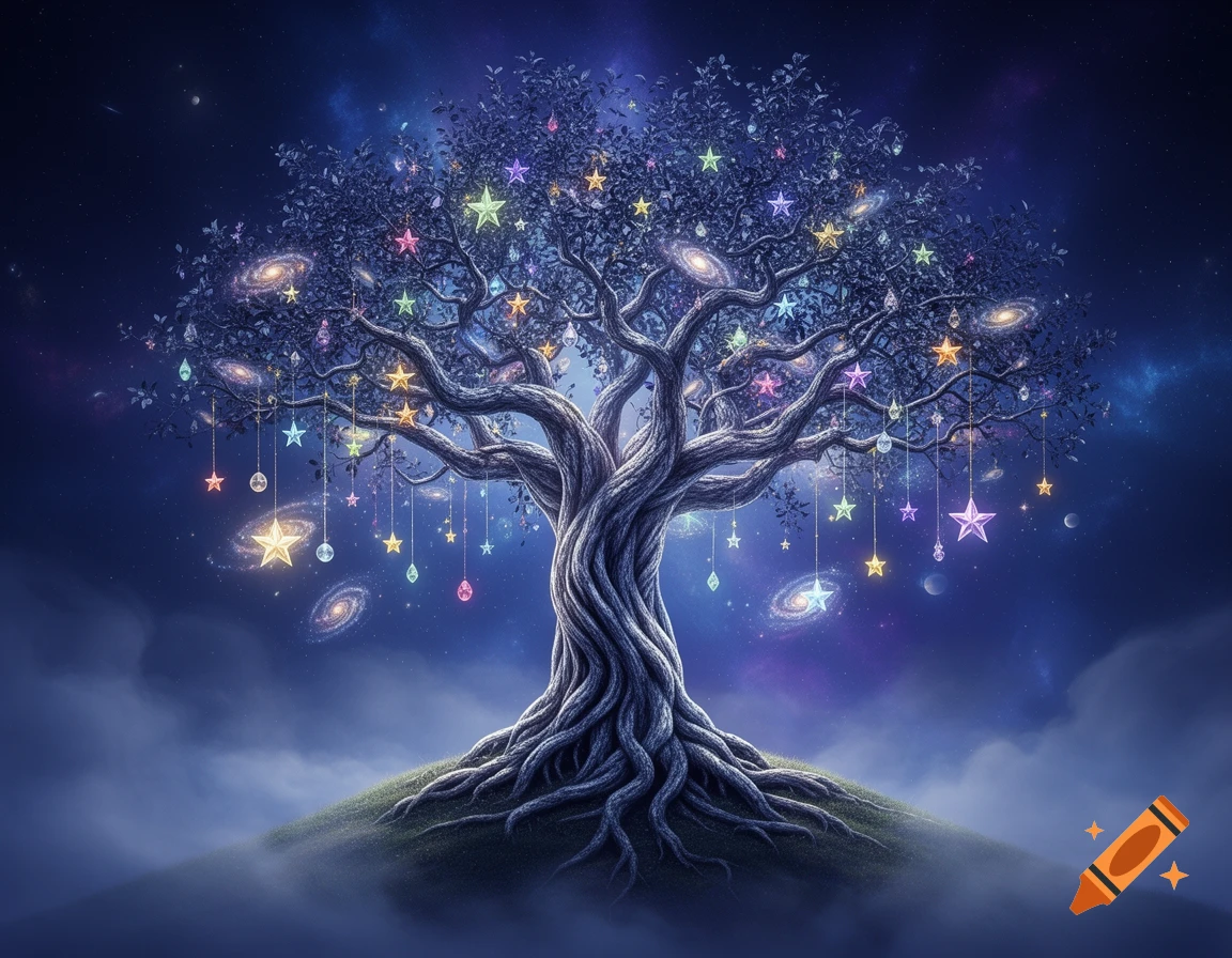 A majestic cosmic tree with gnarled roots and branches, adorned with glowing colorful stars and swirling galaxies, under a deep blue starry sky.