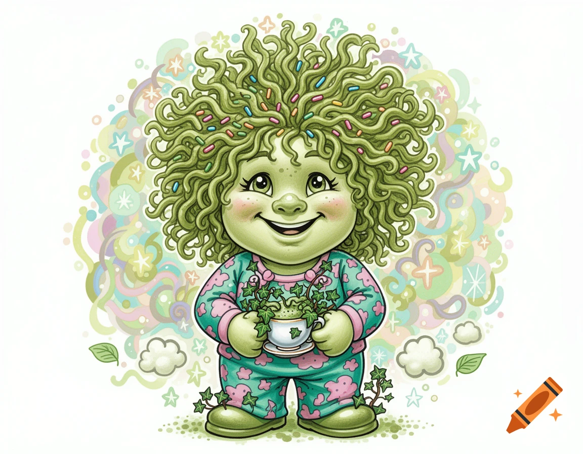 A cute, green-skinned cartoon character with curly green hair and sprinkles, in pajamas, holding a teacup of ivy, with a whimsical pastel background.