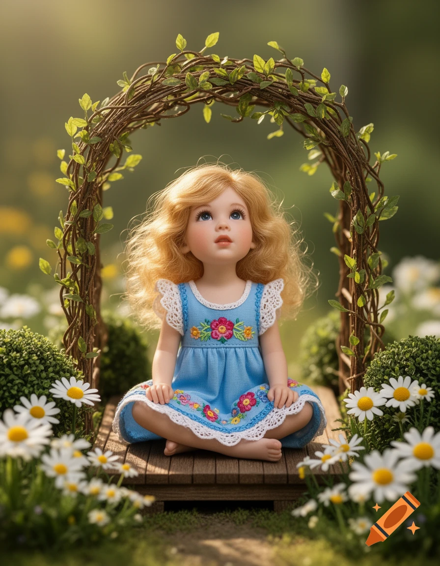 A blonde doll wearing a blue embroidered dress sits on a tiny wooden bridge under a vine arch in a sunny flower garden.