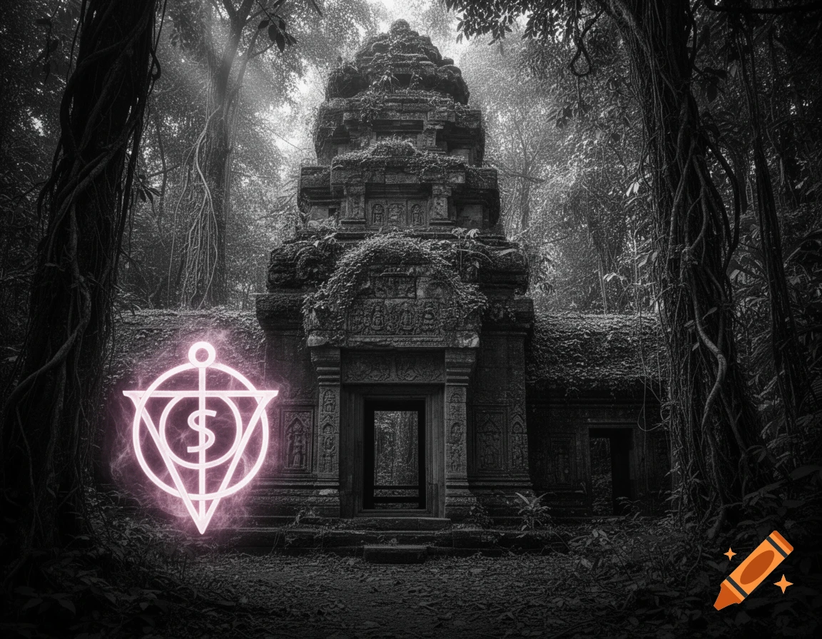 A dark, monochromatic image of an ancient, overgrown temple in a dense jungle, with a glowing pink mystical sigil floating in front.