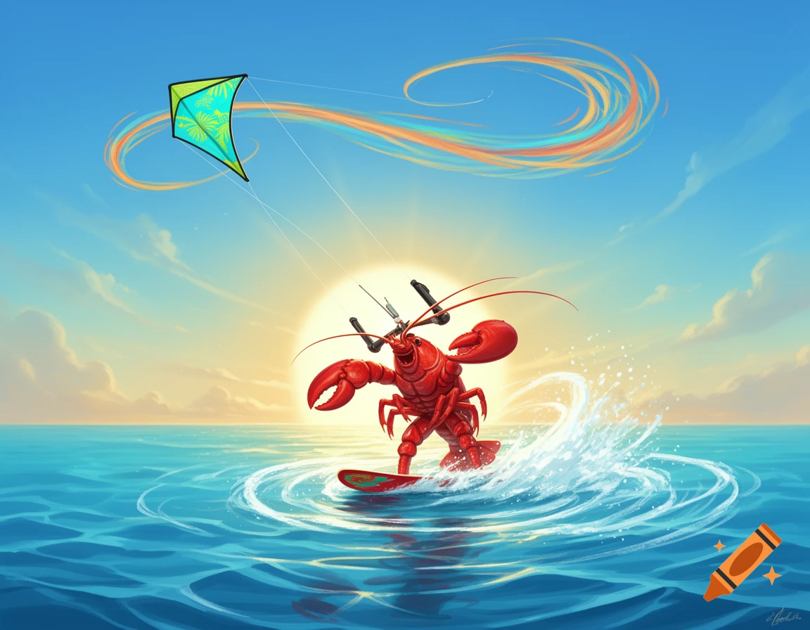 A cartoon red lobster kitesurfing on a surfboard in the blue ocean during sunset, with a green kite flying in the sky.
